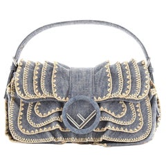 Fendi Kan I F Baguette Bag Embroidered Ruffled Denim