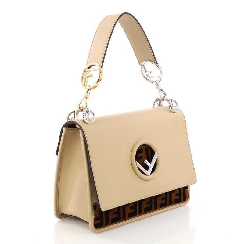 Beige Fendi Kan I F Shoulder Bag Leather with Zucca Velvet Medium