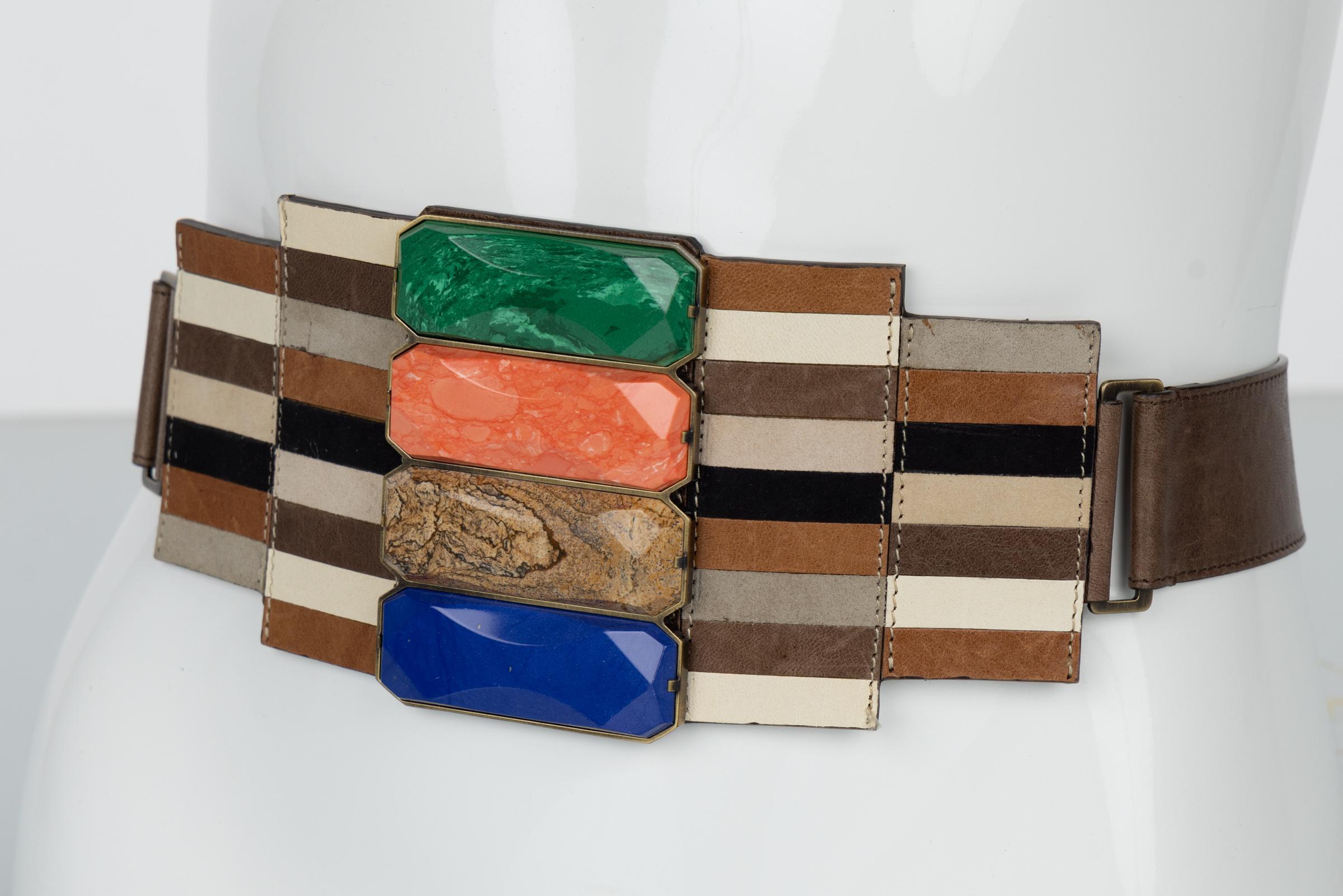Black Fendi Karl Lagerfeld Spring 2008 Mosaic leather Malchite & Lapis Statement Belt  For Sale