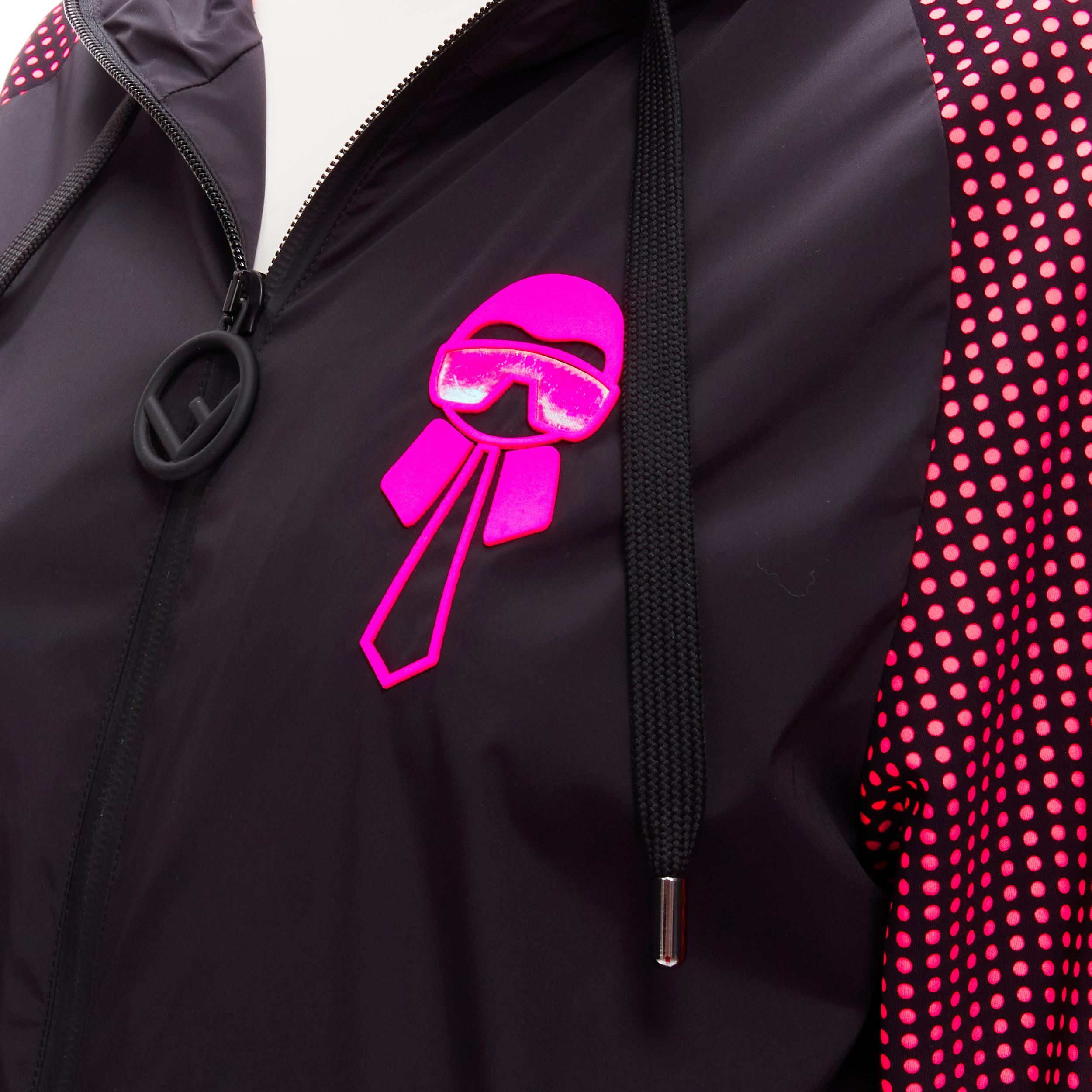 FENDI Karl Loves black pink polka dot nylon activewear windbreaker jacket 
Reference: ANWU/A00483 
Brand: Fendi 
Collection: Karl Loves 
Material: Nylon 
Color: Black
Pattern: Polka dot 
Closure: Zip 
Extra Detail: Karl with holographic sunglasses