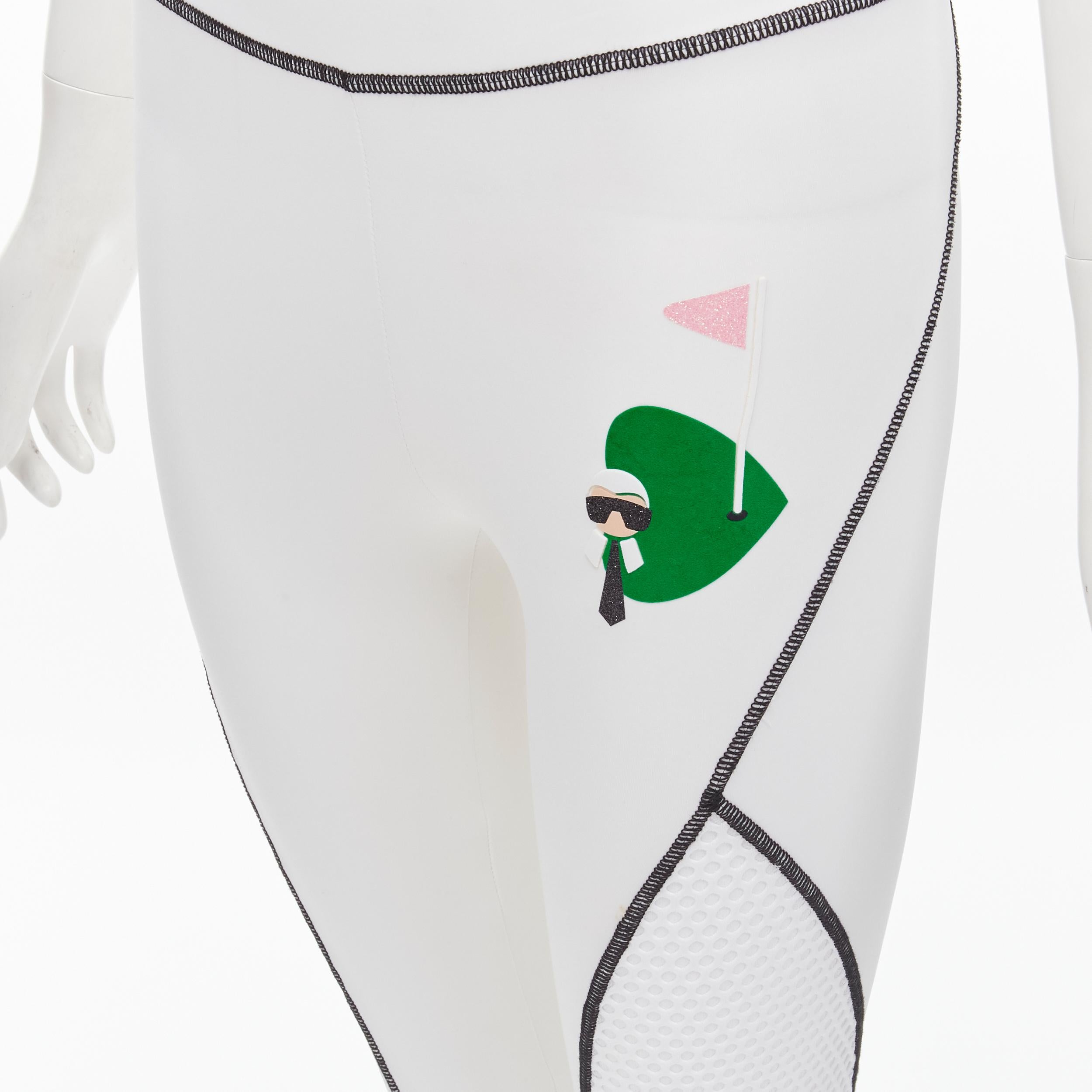 FENDI Karl Loves golf white mesh insert overstitched legging pants XS 
Reference: ANWU/A00540 
Brand: Fendi 
Collection: Karl Loves 
Material: Feels like polyester 
Color: White 
Pattern: Solid 
Extra Detail: Karl Loves gold flitter design at front.