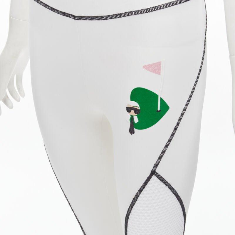 FENDI Karl Loves golf white mesh insert overstitched legging pants XS
Reference: ANWU/A00540
Brand: Fendi
Collection: Karl Loves
Material: Feels like polyester
Color: White
Pattern: Solid
Extra Details: Karl Loves gold flitter design at front. Black