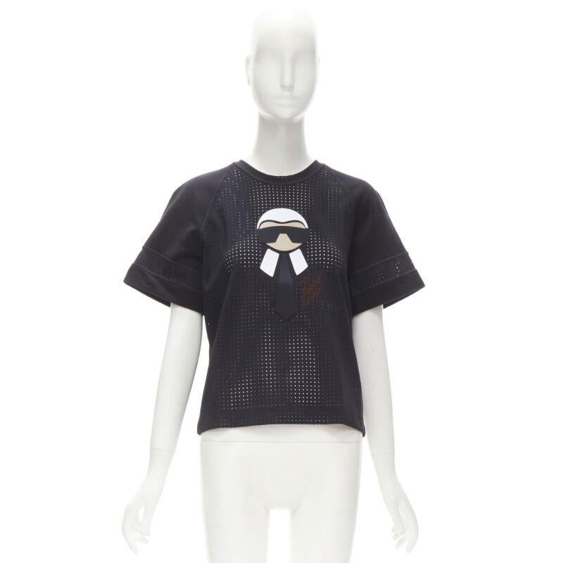 FENDI Karl Loves Karlito top in felpa nera traforata S in vendita 3