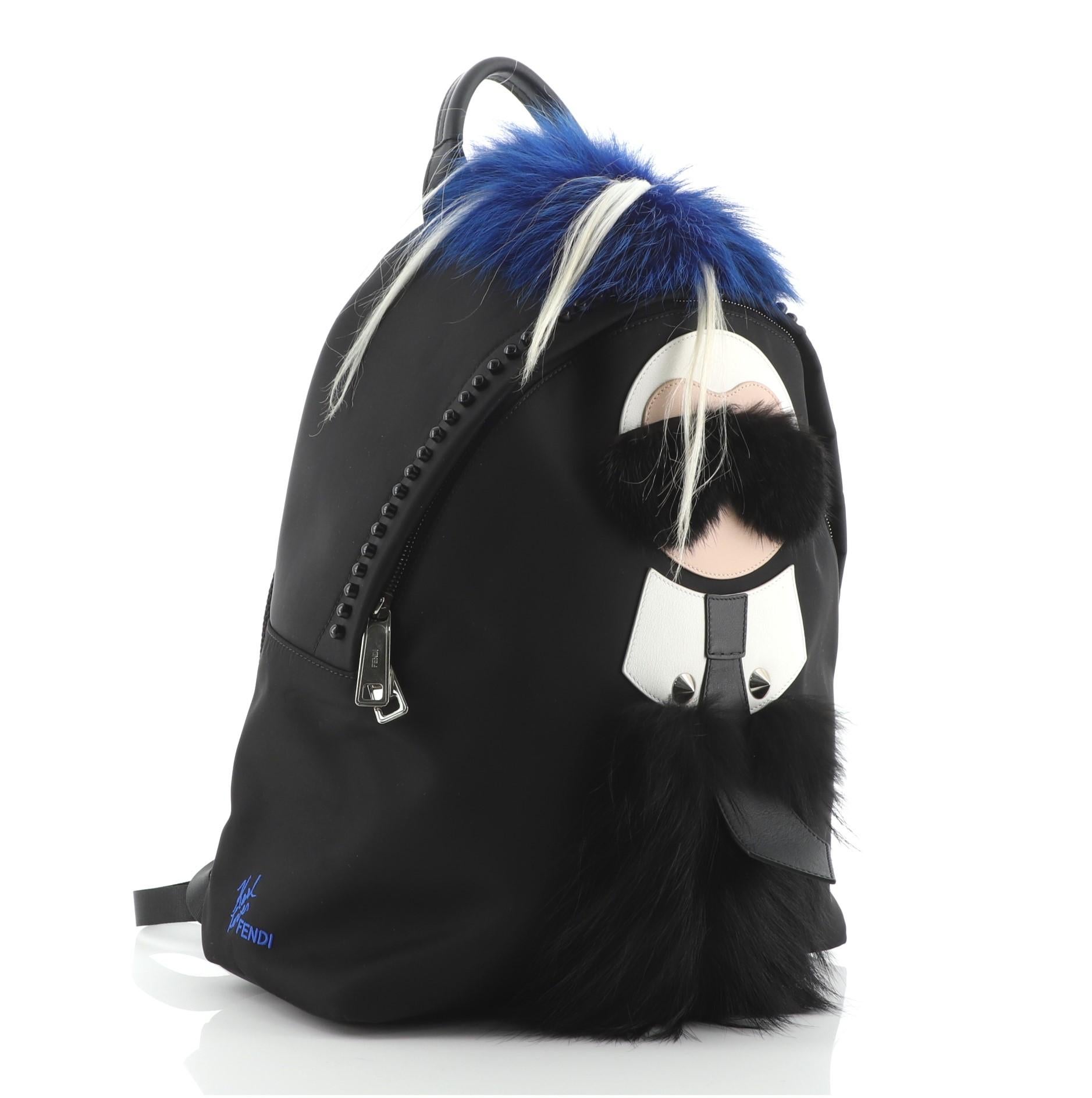 Fendi Karlito Backpack Nylon with Fur Large Black, Blue, White In Good Condition In Irvine, CA