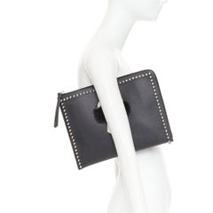 FENDI Karlito black mink fur white leather studded saffiano portfolio clutch bag