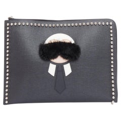 FENDI Karlito black mink fur white leather studded saffiano portfolio clutch bag