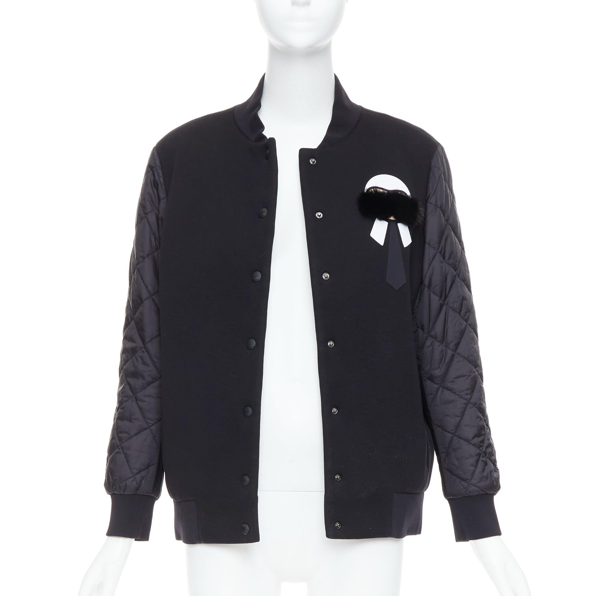 Nero Fendi Karlito, bomber trapuntato nero in misto modal e pelliccia IT38 XS in vendita