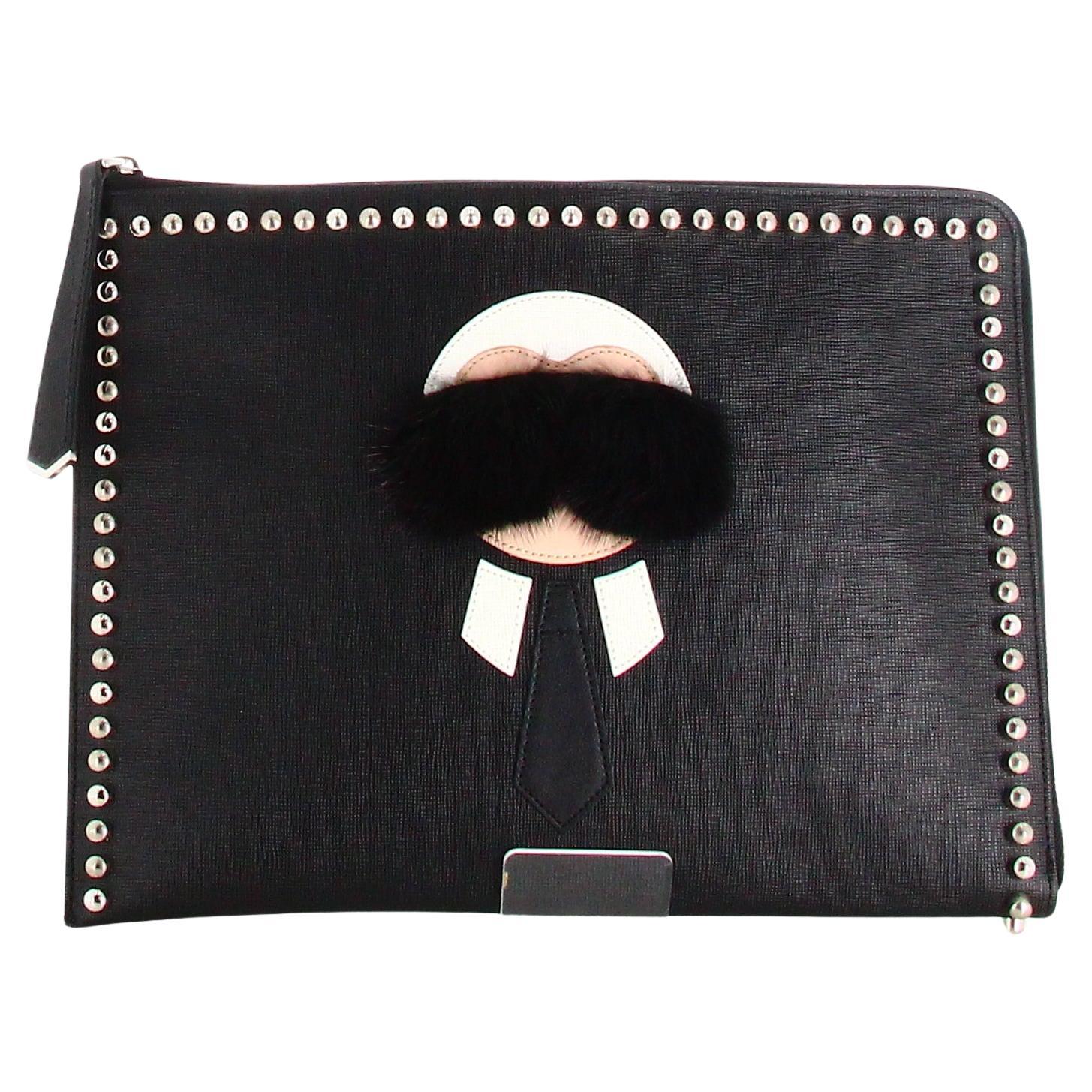 Fendi Karlito Clutch Bag Black Leather  For Sale