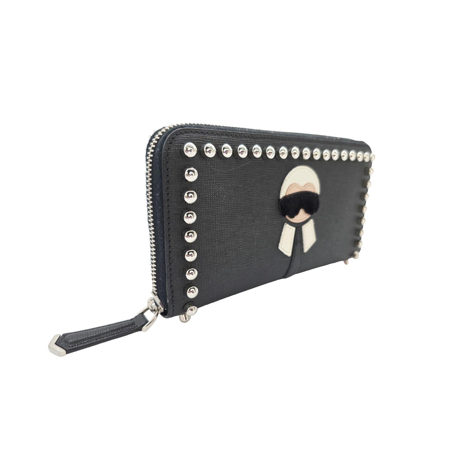 Black Fendi Karlito Karl Lagerfeld Leather Studded Continental Wallet For Sale