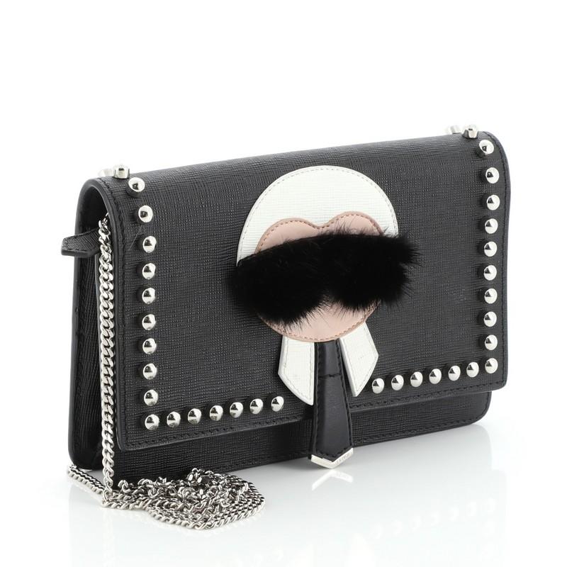 Black Fendi Karlito Wallet On Chain Studded Saffiano Leather 