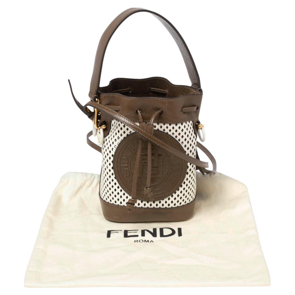 Fendi Khaki Green/White Perforated Leather Mini Mon Tresor Drawstring Bucket Bag 4