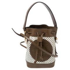 Fendi Khaki Green/White Perforated Leather Mini Mon Tresor Drawstring Bucket Bag