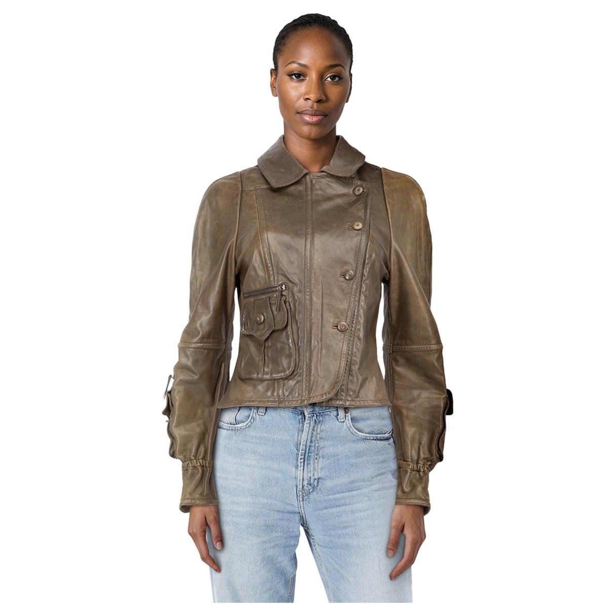 Fendi Giacca con manica in pelle color kaki taglia M. in vendita