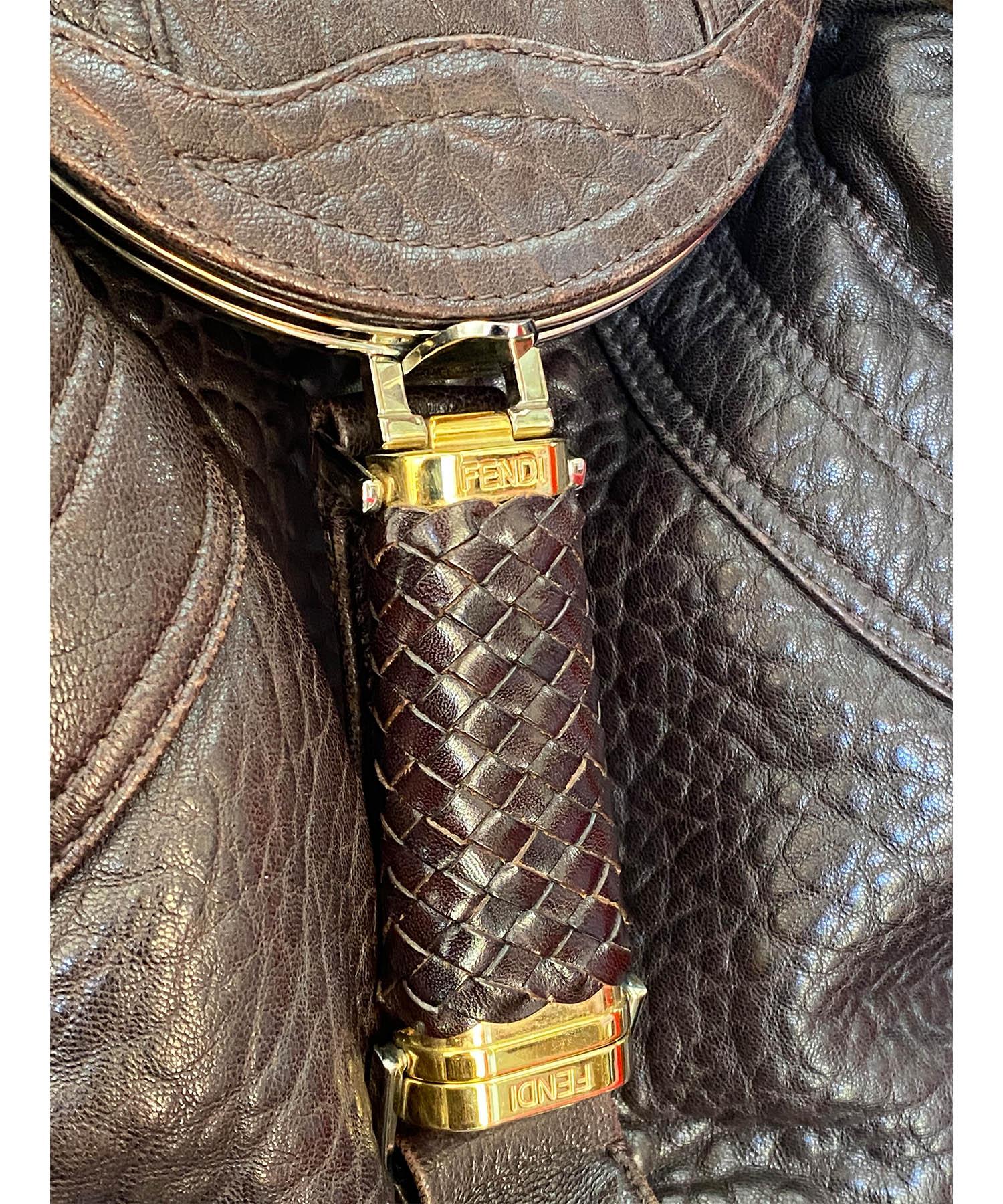 Fendi Large Spy Bag Brown Leather Zucca Lining Vintage 1990's 2