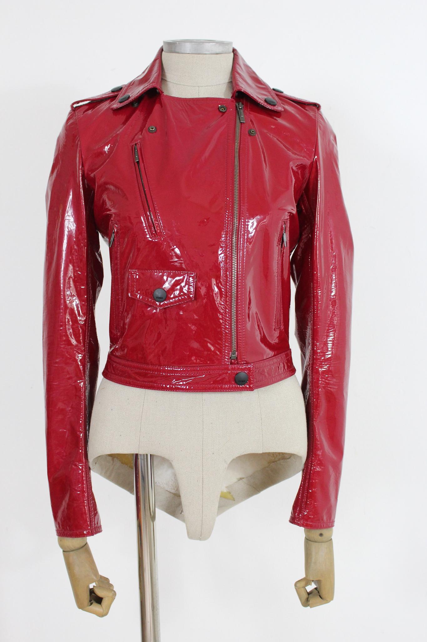Fendi Leather Patent Red Biker Jacket In Excellent Condition In Brindisi, Bt
