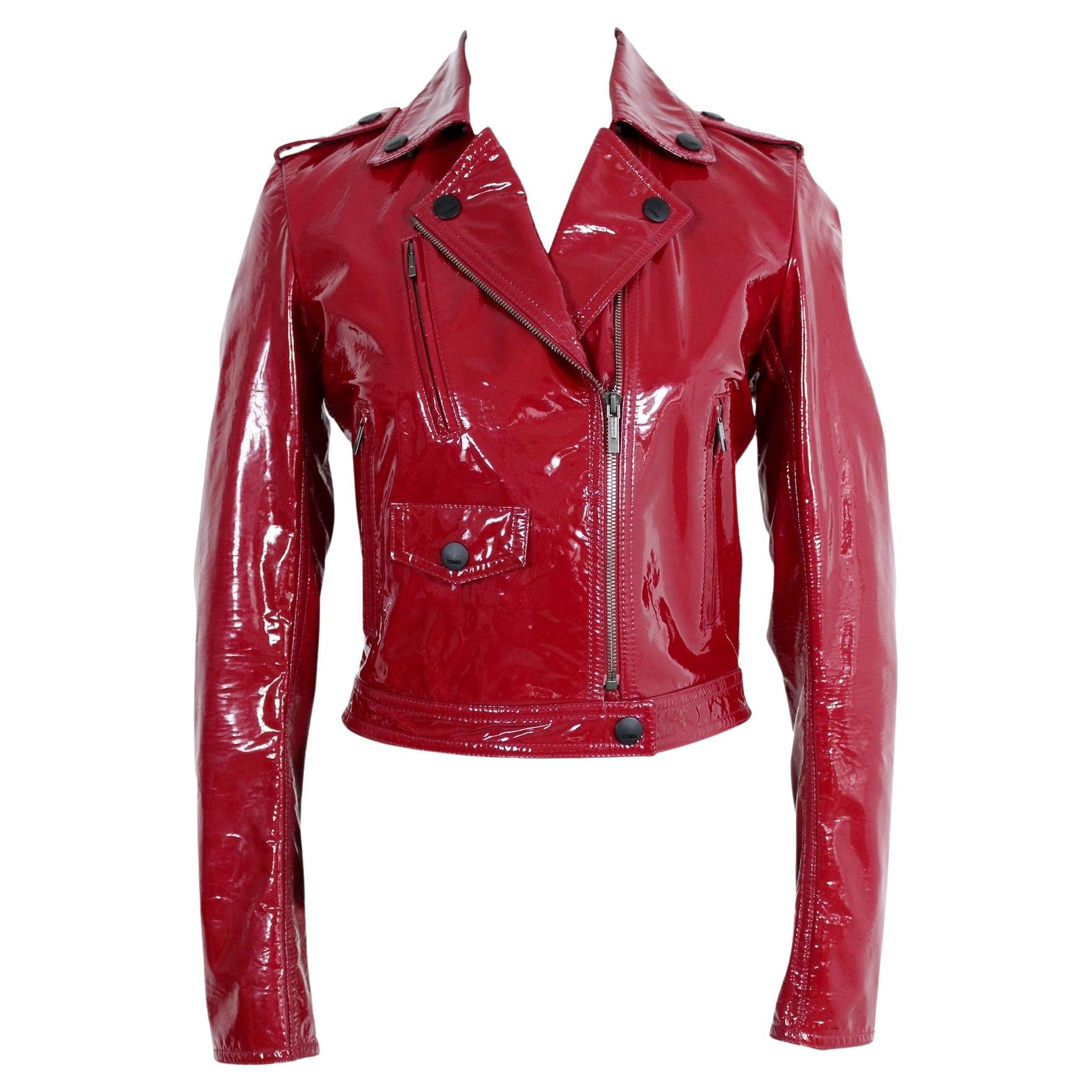 Fendi Leather Patent Red Biker Jacket