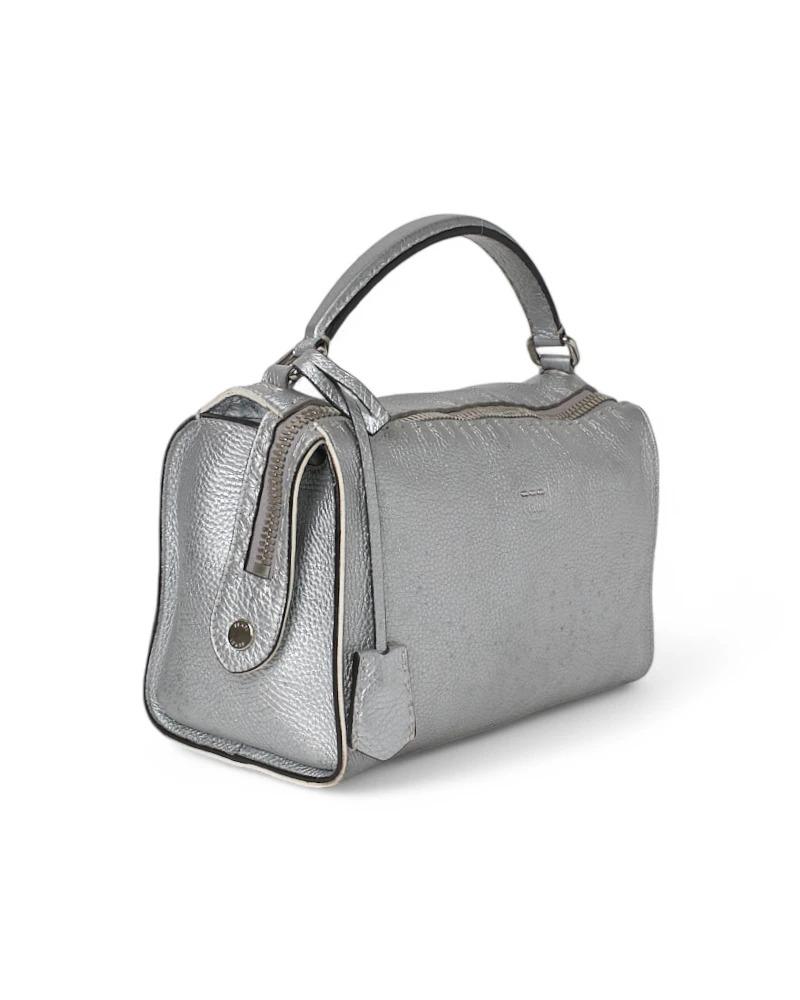 Fendi designer bag, Lei model in small size, made of leather in Silver color with silver hardware. Featuring a semi-circular double-slider zipper closure, internally lined in tone-on-tone suede fabric with convenient pockets, the bag is quite roomy.