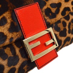 FENDI Leopard Black Brown Tan Cognac PonyHair Red Leather Baguette Flap Bag