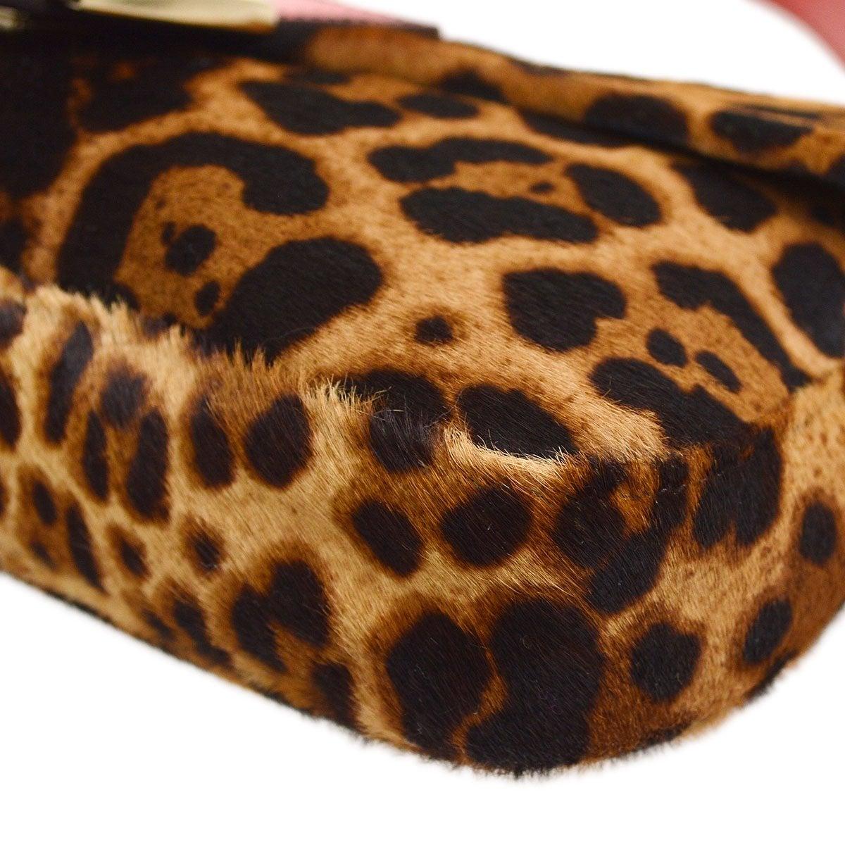 FENDI Leopard Black Brown Tan Cognac PonyHair Red Leather Baguette Flap Bag In Good Condition In Chicago, IL