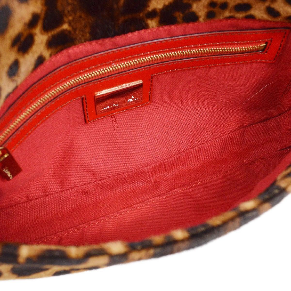 Women's FENDI Leopard Black Brown Tan Cognac PonyHair Red Leather Baguette Flap Bag
