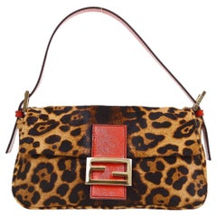 FENDI Leopard Black Brown Tan Cognac PonyHair Red Leather Baguette Flap Bag