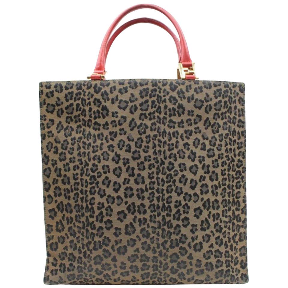 Fendi Leopard Cheetah Shopper 869803 Brown Nylon Tote For Sale at 1stDibs