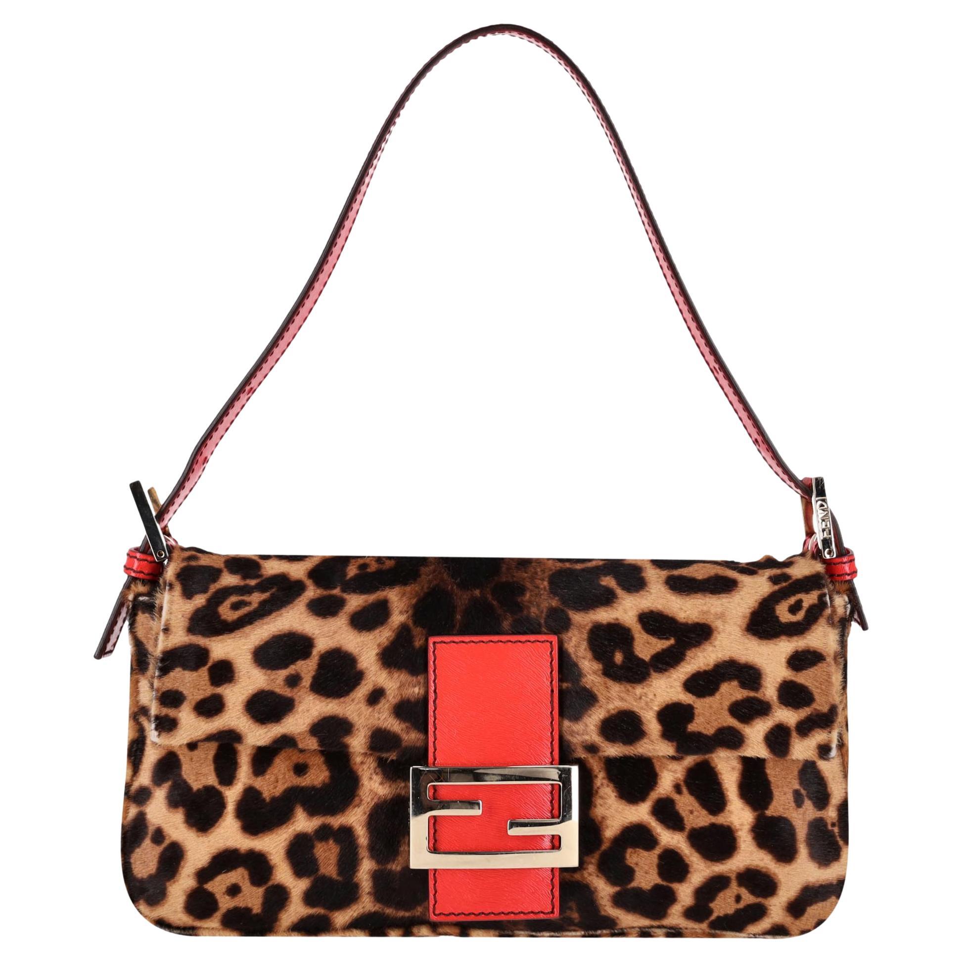 Fendi Leopard Pony Hair 'FF' Buckle Vintage Baguette Shoulder Bag