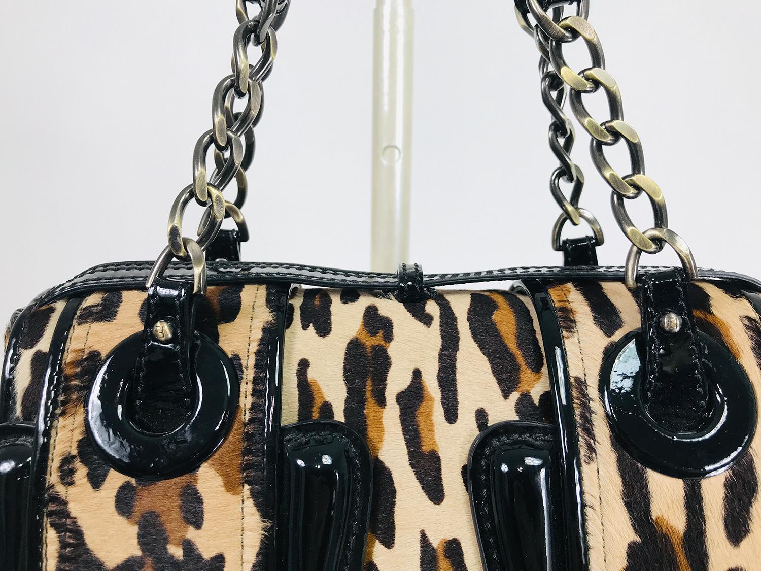Fendi Leopard Print Calf Hair and Black Patent Leather B Bag  7