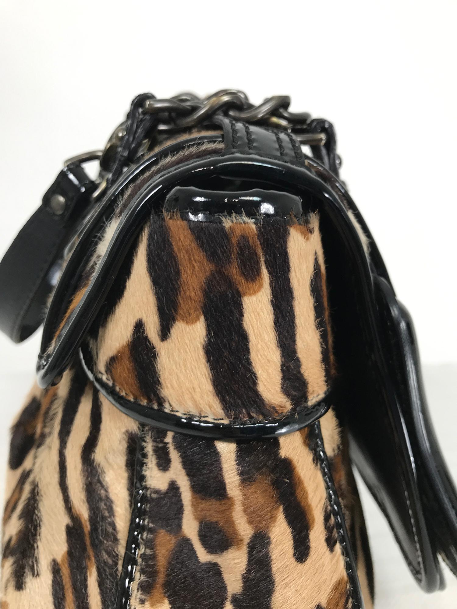 Fendi Leopard Print Calf Hair and Black Patent Leather B Bag  In Good Condition In West Palm Beach, FL