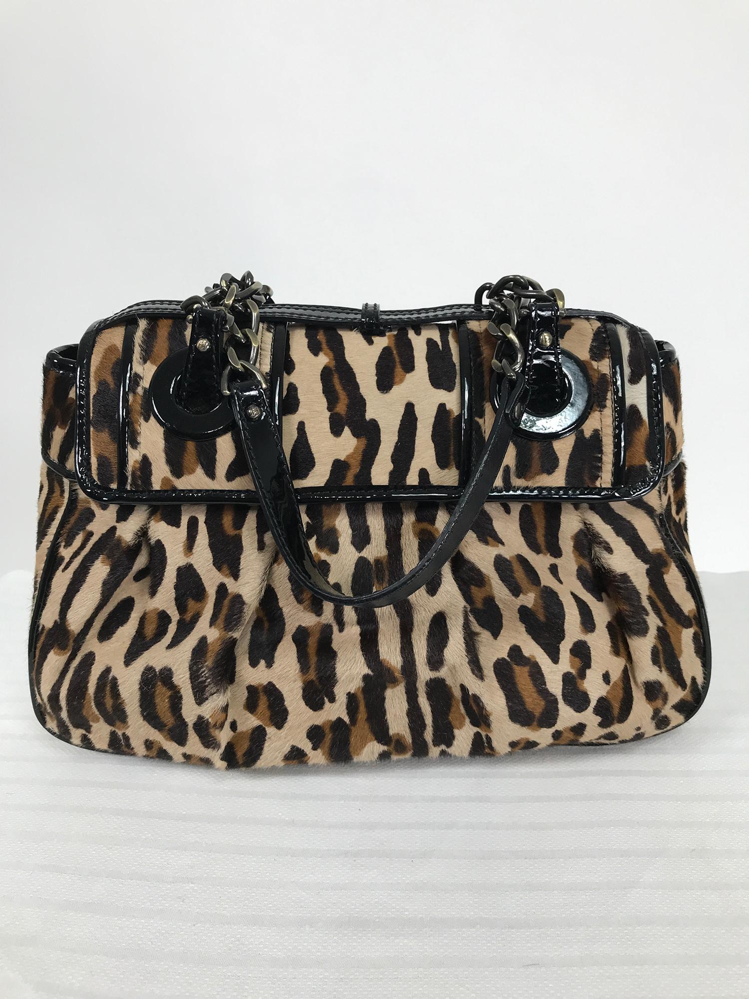 Women's or Men's Fendi Leopard Print Calf Hair and Black Patent Leather B Bag 