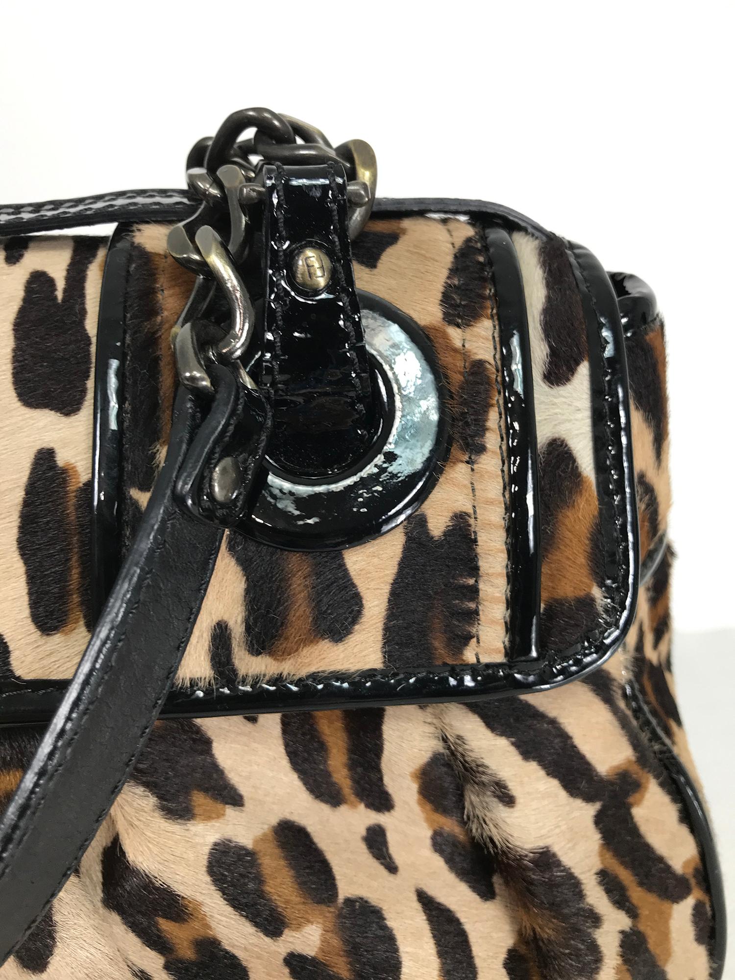 Fendi Leopard Print Calf Hair and Black Patent Leather B Bag  1