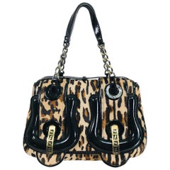 Fendi Leopard Print Calf Hair and Black Patent Leather B Bag 