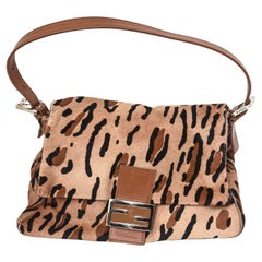 Vintage Fendi Leopard Print Pony Hair Mama Baguette Handbag With Leather Handle 