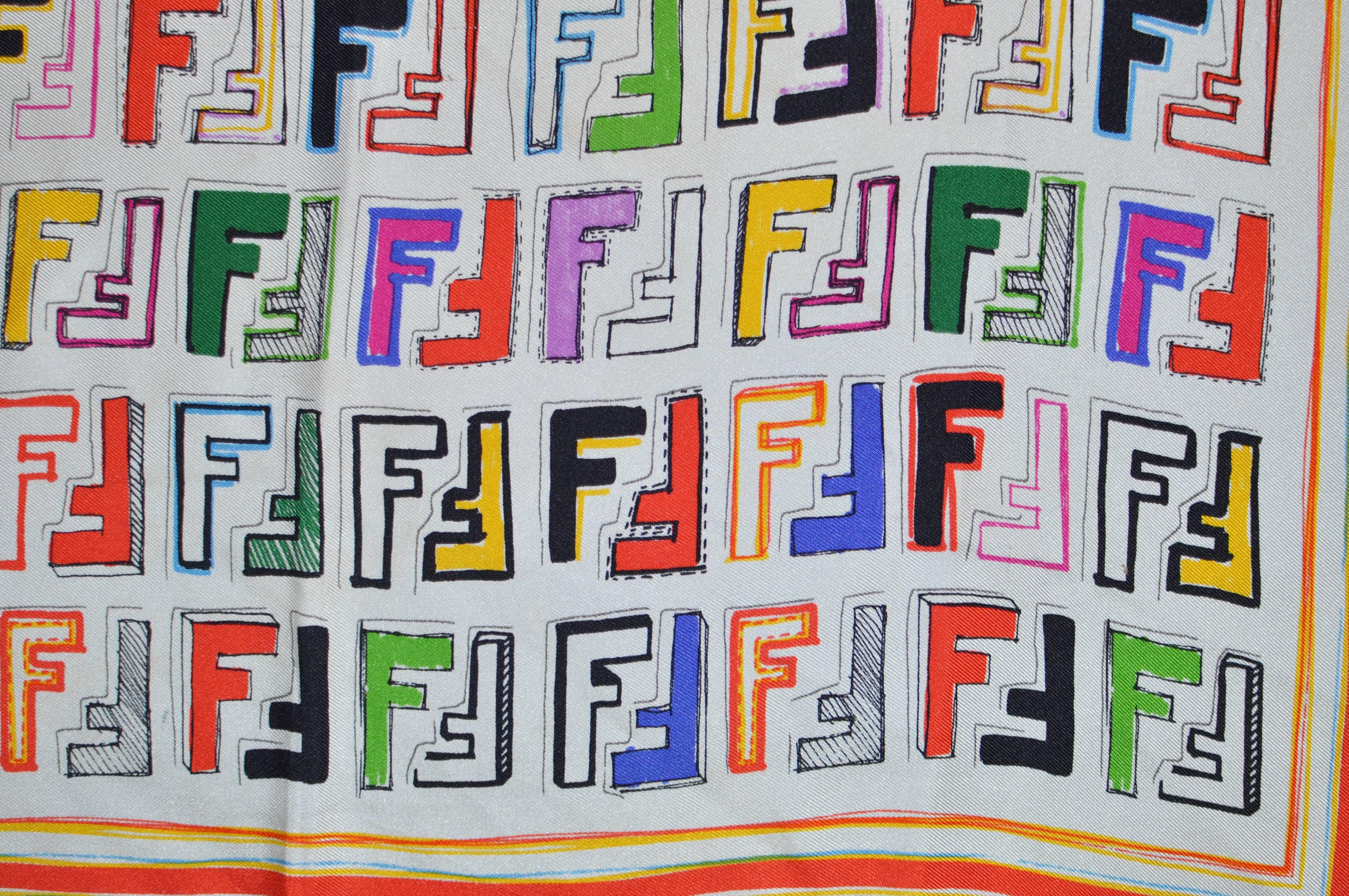 Very colorful interlocking 'F' lettering print, similar to Kan I bag print. Nice border and plum hems.