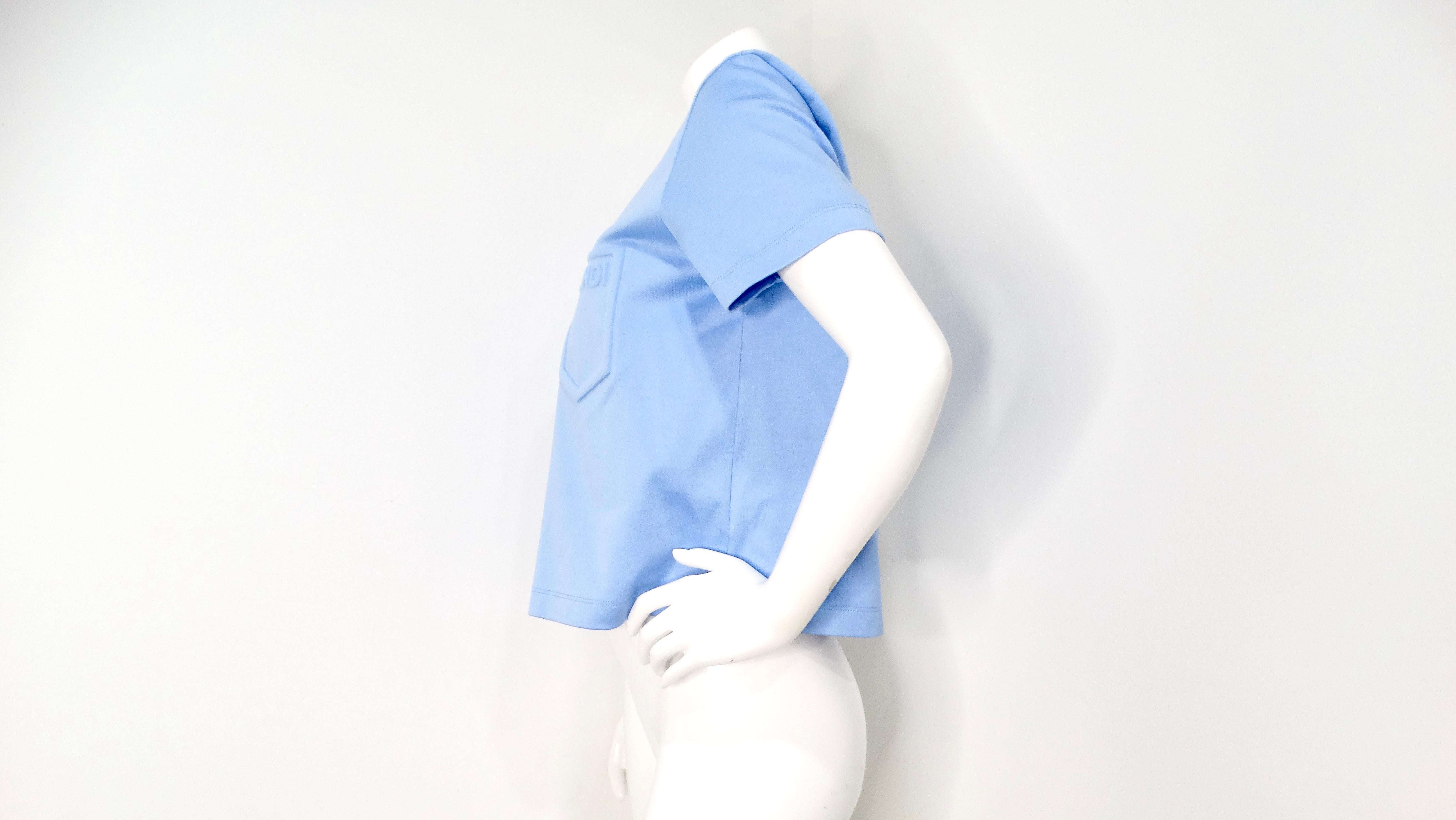 Blu Maglietta Crop Top Fendi in cotone azzurro con logo in rilievo in vendita