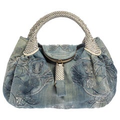 Used Fendi Light Blue Denim Embroidered Squirrel Spy Bag