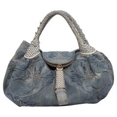 Used Fendi Light Blue Denim Squirrel Embroidered Spy Bag