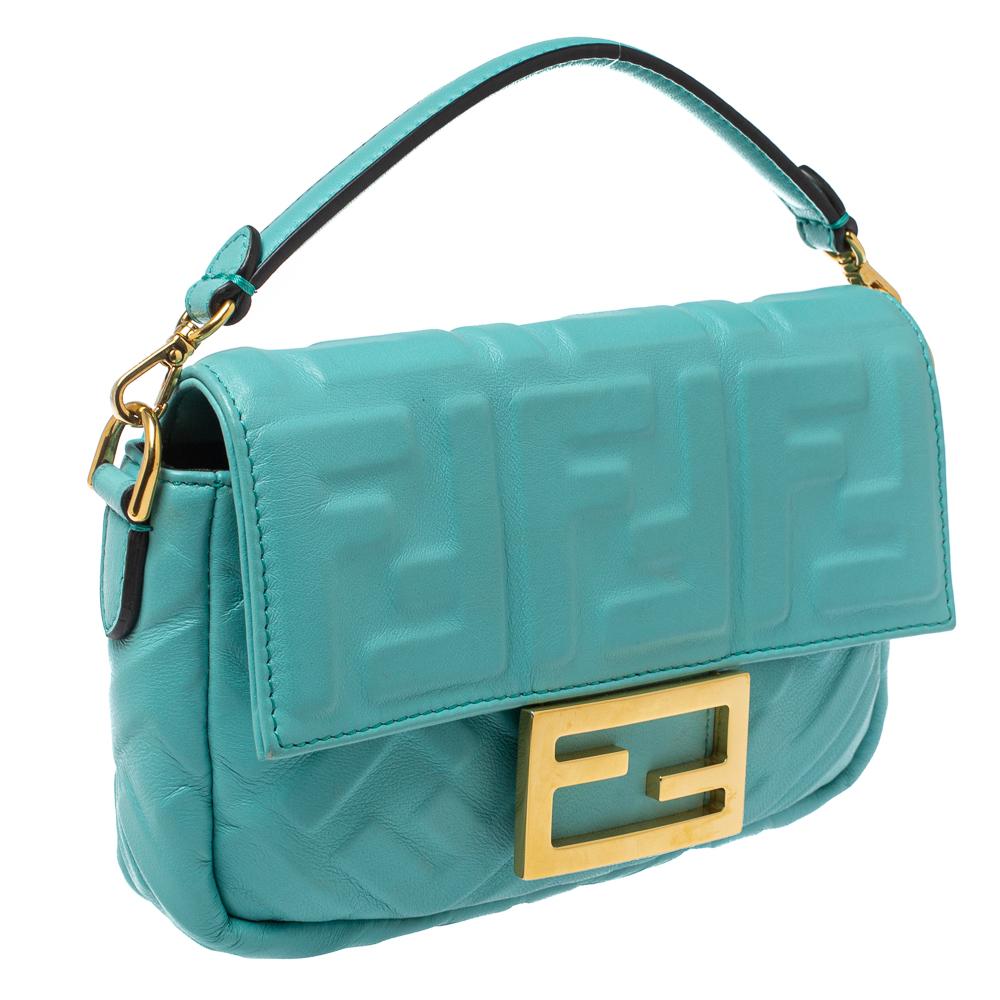 Fendi Light Blue FF Logo Embossed Leather Mini Baguette Bag Fendi Light Blue FF Logo Embossed Leather Mini Baguette Bag