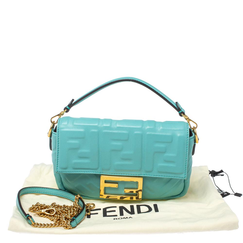 Fendi Light Blue FF Logo Embossed Leather Mini Baguette Bag at 