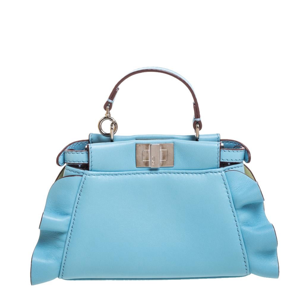 Fendi Light Blue Leather Micro Peekaboo Top Handle Bag In Excellent Condition In Dubai, Al Qouz 2