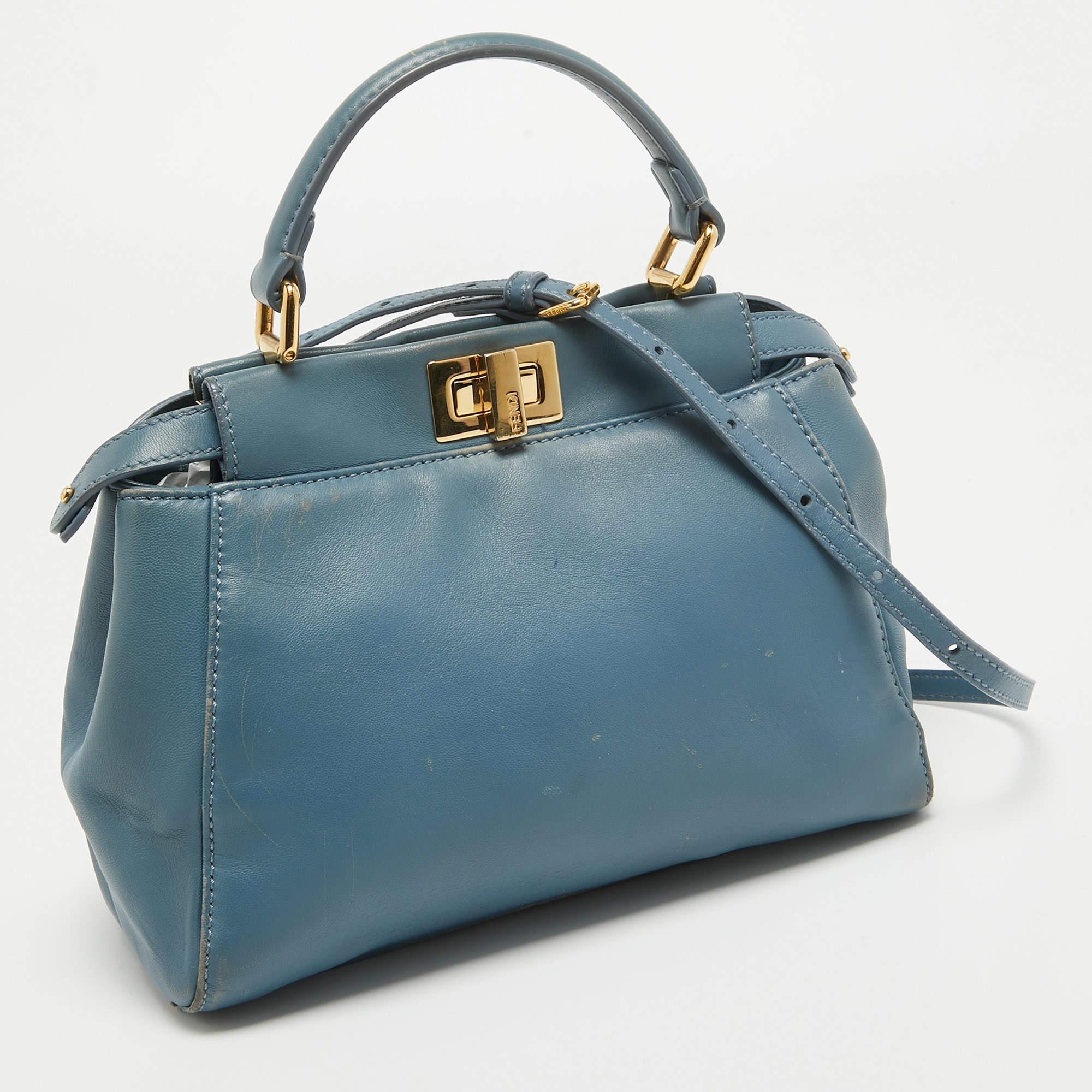 Fendi Light Blue Leather Mini Peekaboo Top Handle Bag For Sale 16