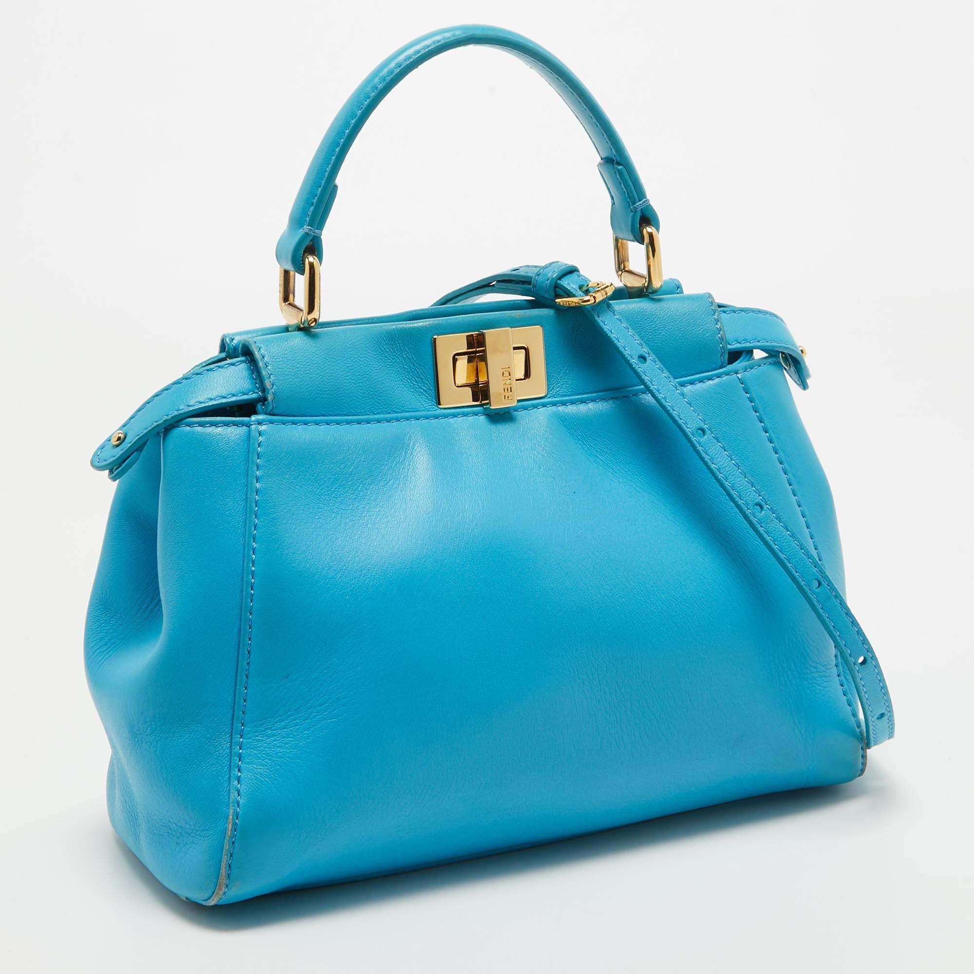 Fendi Light Blue Leather Mini Peekaboo Top Handle Bag In Good Condition For Sale In Dubai, Al Qouz 2