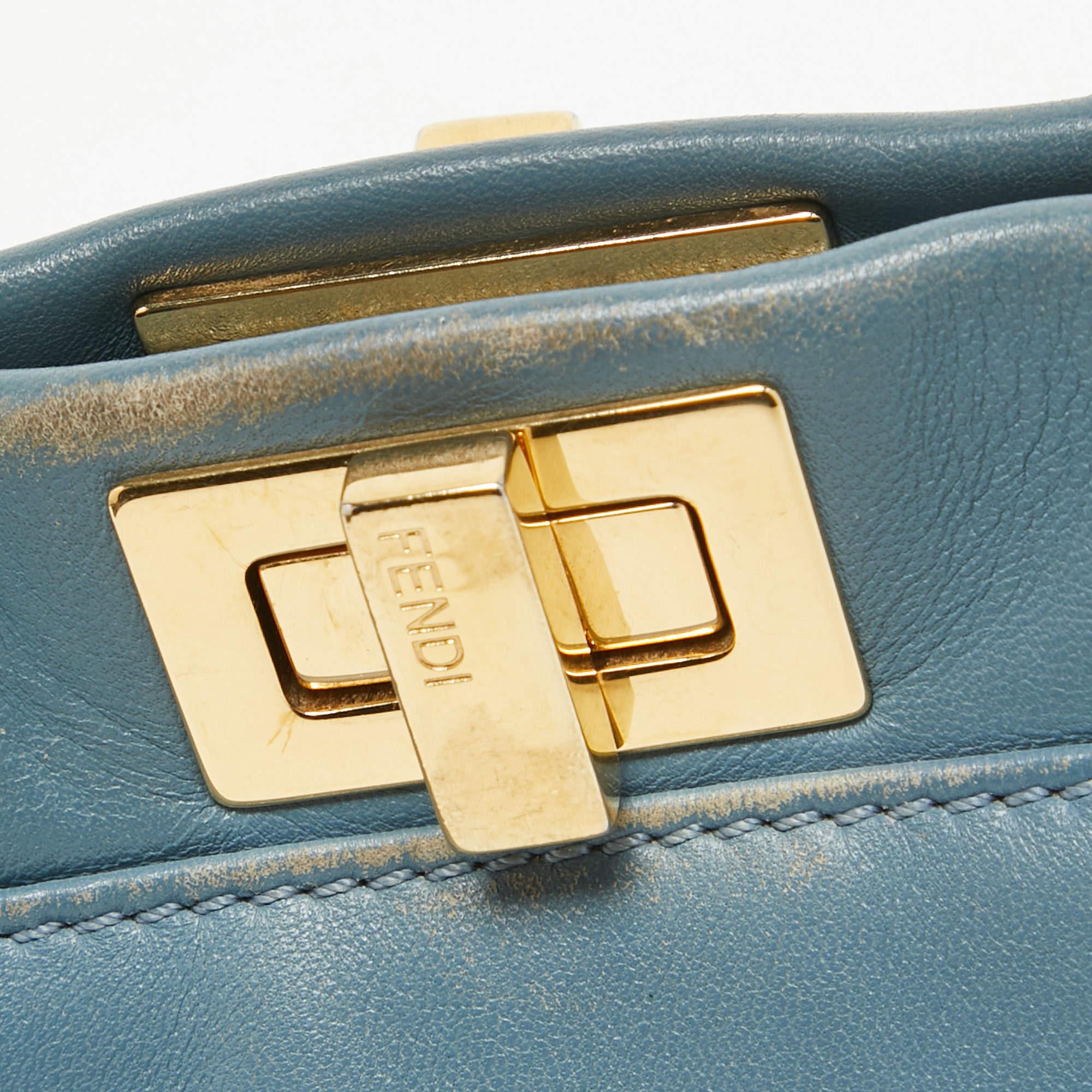 Fendi Light Blue Leather Mini Peekaboo Top Handle Bag In Fair Condition For Sale In Dubai, Al Qouz 2