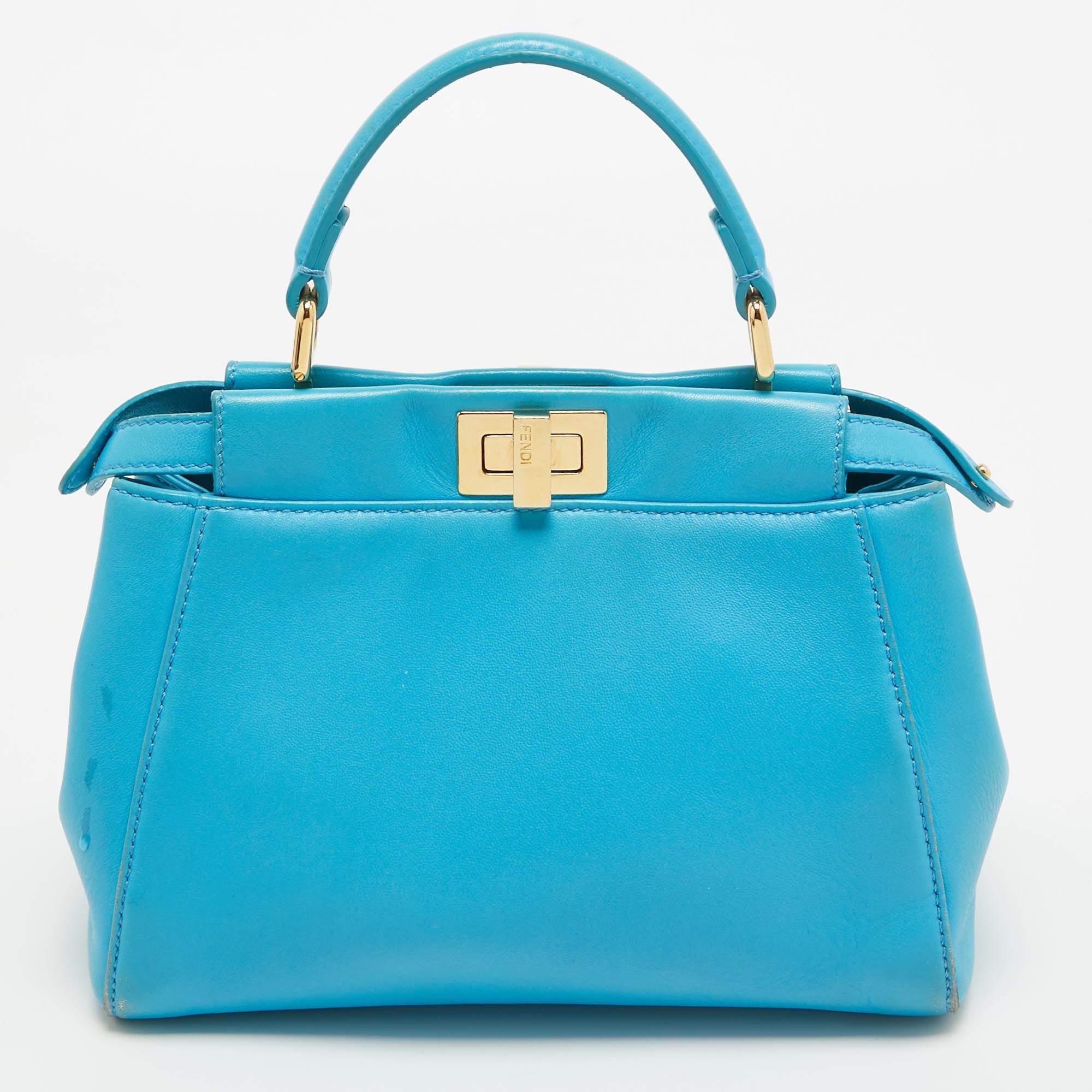 Fendi Light Blue Leather Mini Peekaboo Top Handle Bag For Sale 3