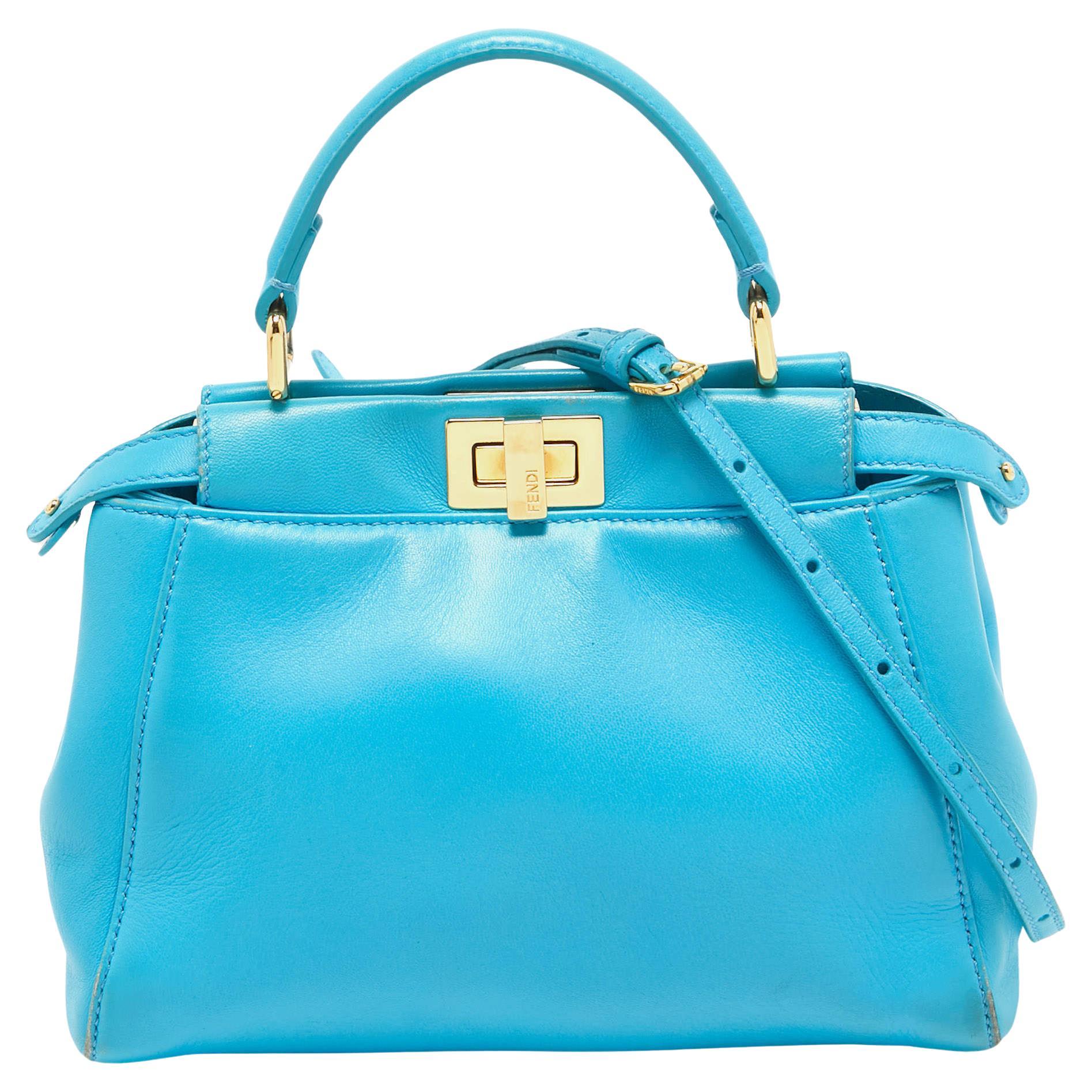 Fendi Light Blue Leather Mini Peekaboo Top Handle Bag For Sale
