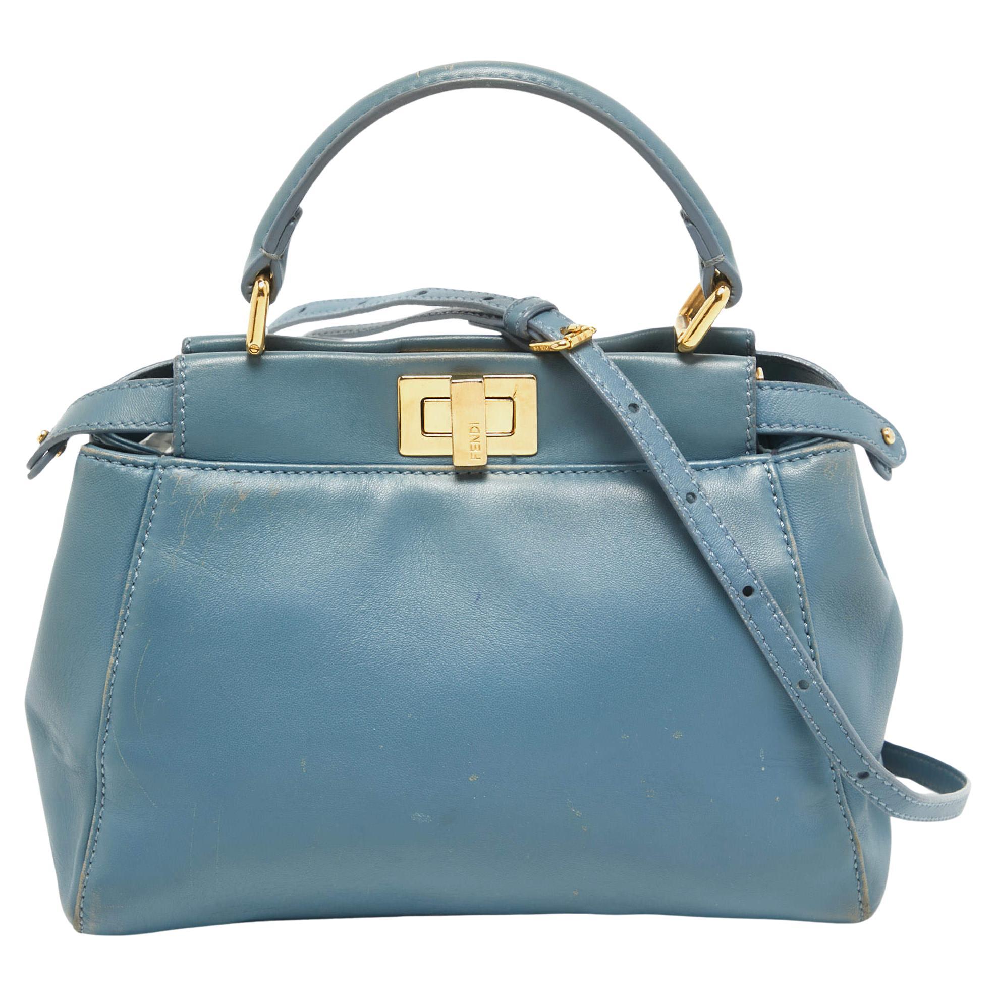 Fendi Light Blue Leather Mini Peekaboo Top Handle Bag For Sale