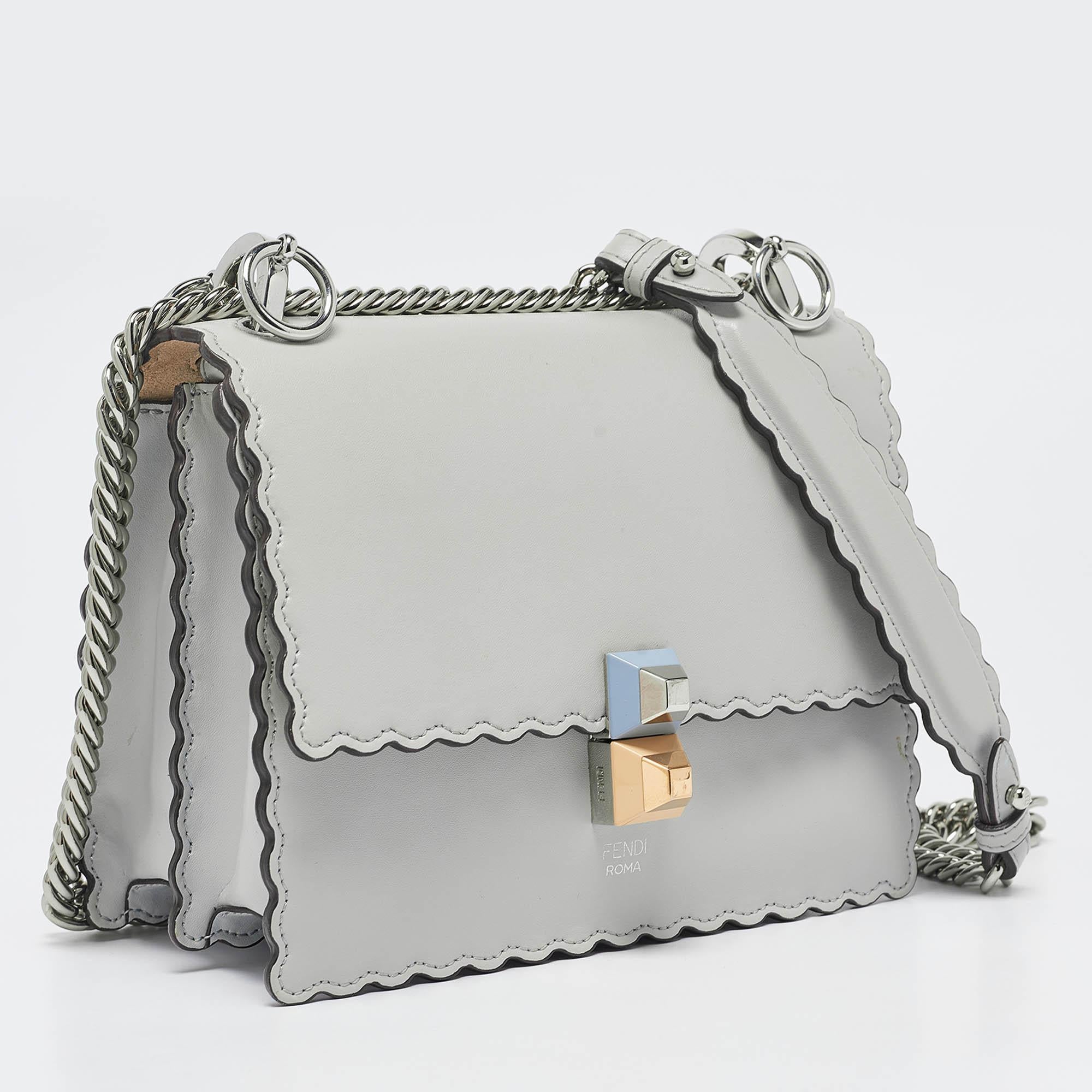 Gray Fendi Light Blue Leather Mini Scalloped Kan I Shoulder Bag