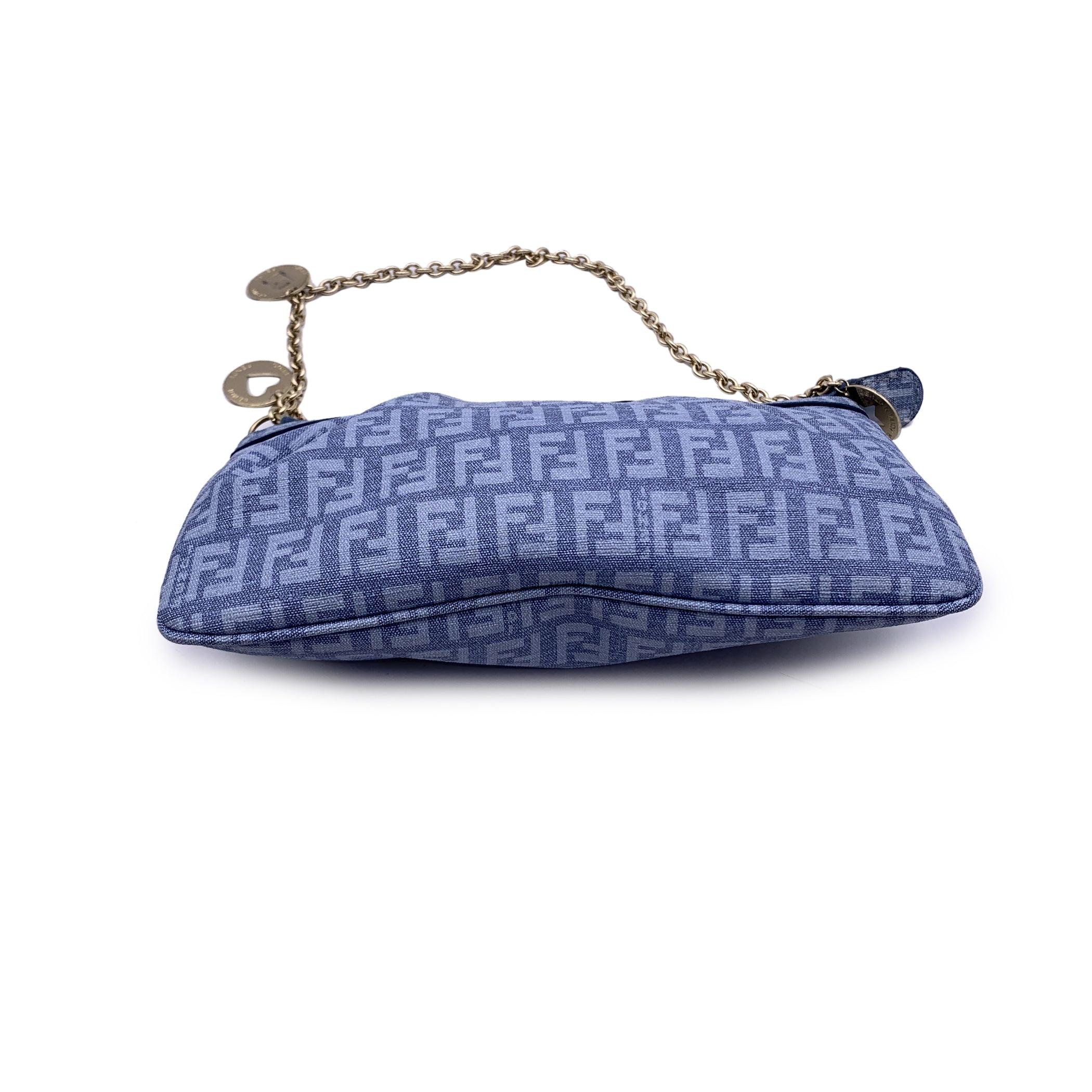 Fendi Light Blue Monogram Zucchino Canvas Pochette Charm Small Bag In Good Condition In Rome, Rome