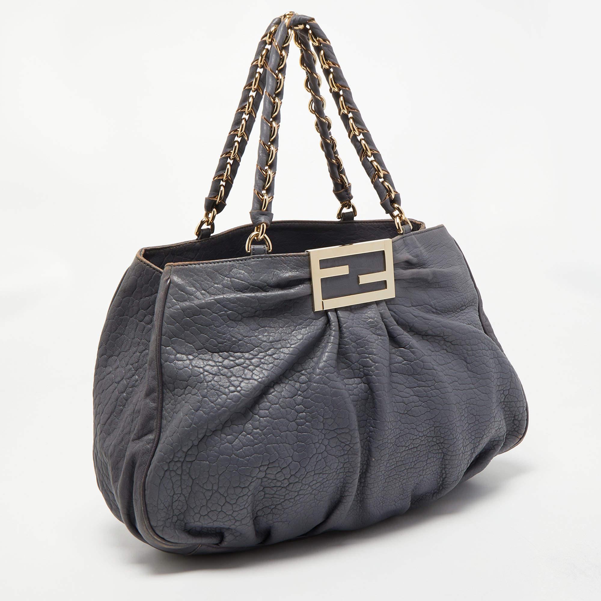 Women's Fendi Light Blue Textured Leather Large Mia Hobo