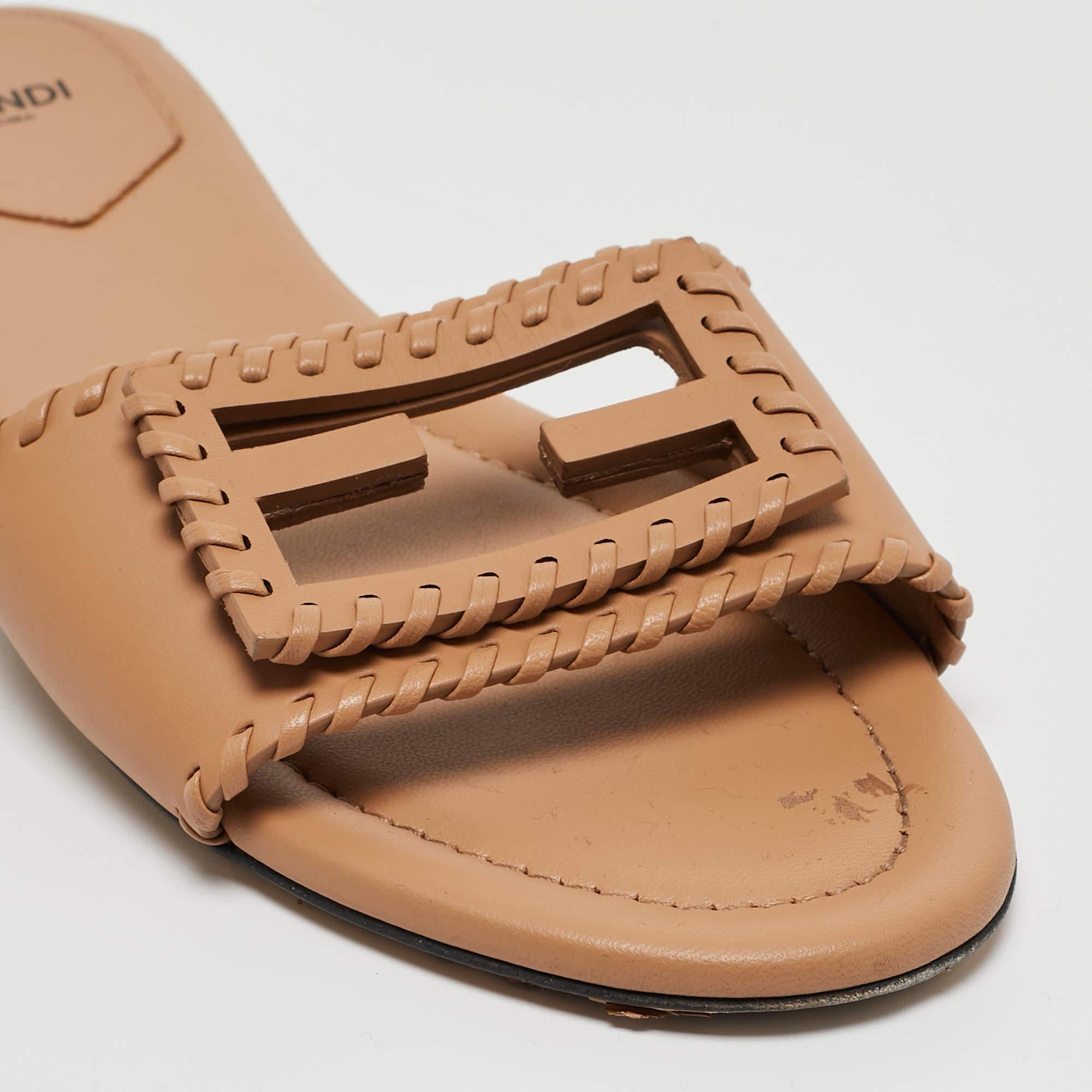 Women's Fendi Light Brown Leather Flat Slides Size 40